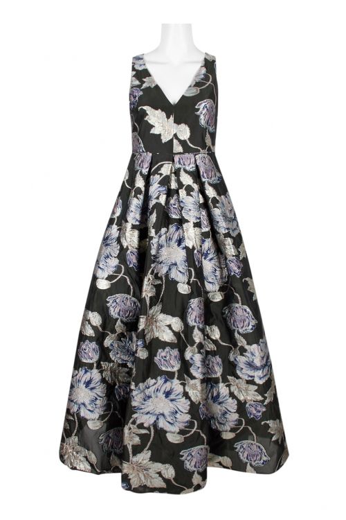Aidan Mattox V-Neck Sleeveless Pleated Floral Metallic Jacquard Dress with Pockets