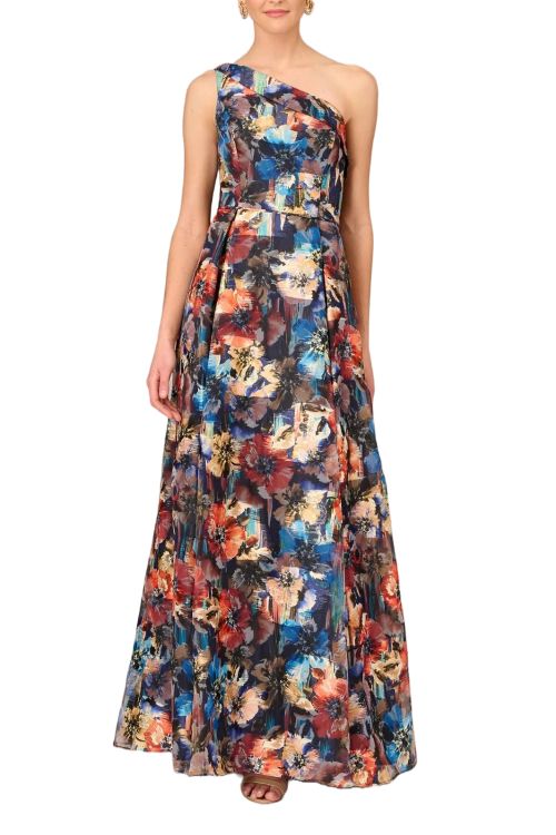 Aidan Mattox One Shoulder Sleeveless Zipper Side Box Pleat Floral Print Organza Jacquard Dress