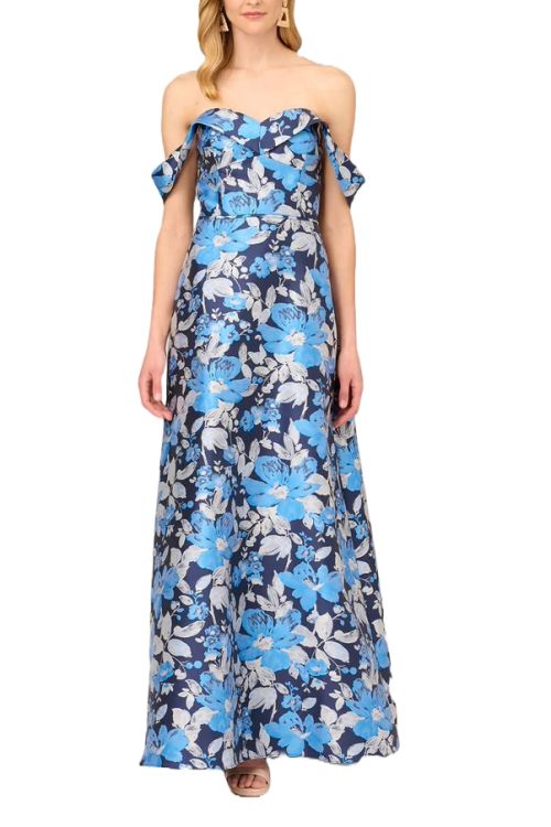 Aidan Mattox off shoulder sweetheart neck and draped off the shoulder zipper closure floral jacquard ball gown