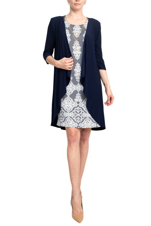 Notations 3/4 Sleeve Long Knit Jacket and Puff Print Dress
