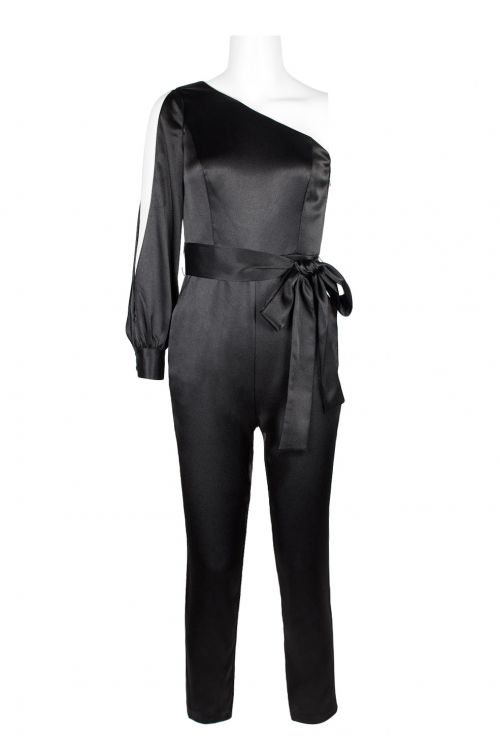 Aidan by Aidan Mattox Asymmetrical Shoulder Slit Long Sleeve Tie Side Functional Pocket Concealed Ziipper Side Satin Jumpsuit
