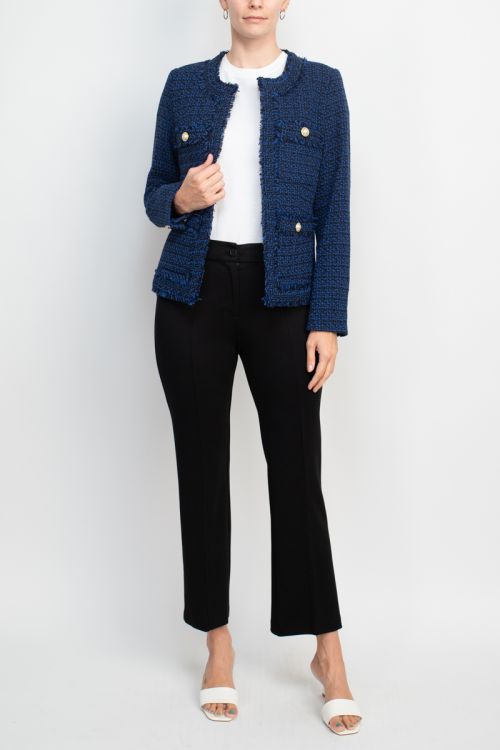 Nanette Nanette Lepore open front long sleeve tweed jacket with pockets with mid waist straight ponte pant