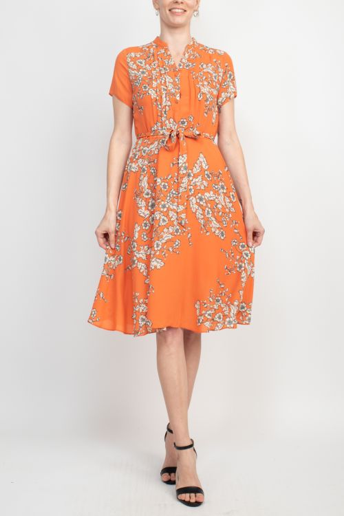Nanette Lepore V-Neck Short Sleeve Pleated Front Tie Waist A-Line Floral Print Crepe Dress