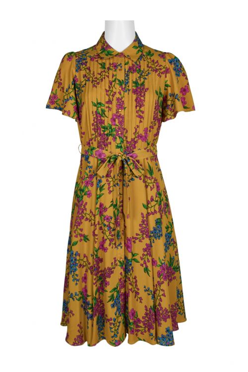 NANETTE Nanette Lepore Collared Short Sleeve Button Down Piping Detail Front Tie Floral Print Flutter Polyester Dress