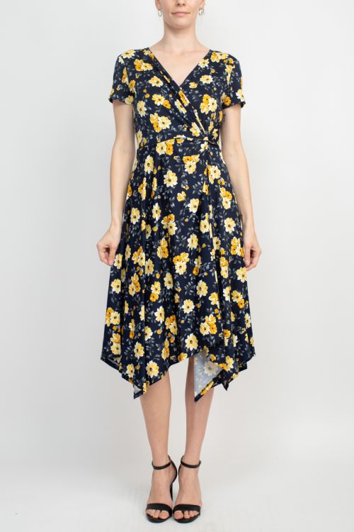 Perceptions V-Neck Short Sleeve Gathered Side Floral Print ITY Dress