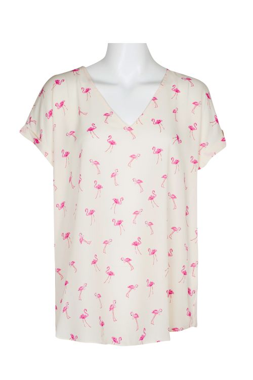 London Times V-Neck Short Slit Sleeve Flamingo Print Chiffon Top