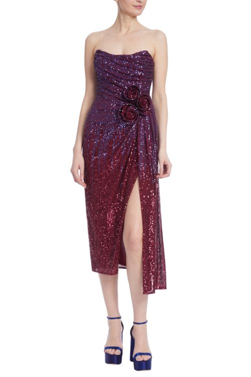 Badgley Mischka Strapless Ombre Sequined Rosette Gown with Leg Slit