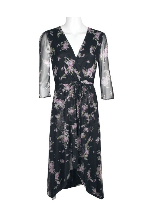 Sage Collective V-Neck Tie Waist 3/4 Sleeve Floral Print Zipper Back High Low Mesh Dress