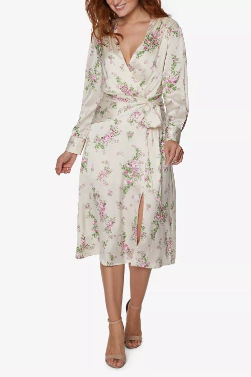 Sage Collective V-Neck Long Sleeve Tie Waist Zipper Back Slit Front Floral Print Chiffon Dress