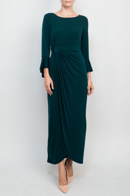Connected Apparel Boat Neck Circular Flounce Sleeve Gathered Side Solid ITY Dress