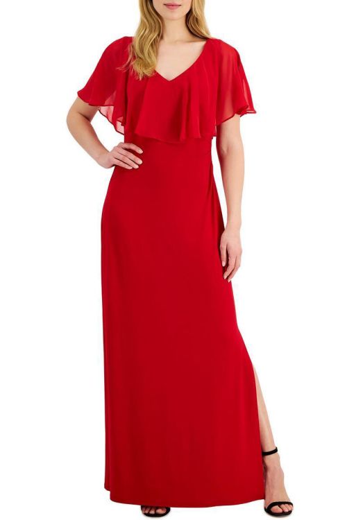 Connected Apparel V-neck flutter chiffon sleeve solid column matte jersey gown
