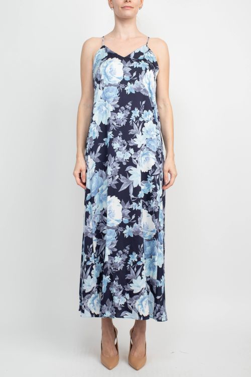 Connected Apparel V-Neck Spaghetti Strap Floral Print Satin Dress with Pockets