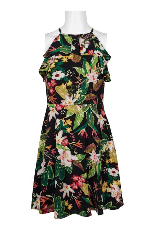 London Times Halter Neck Popover Box Pleate Zipper Back Floral Print Polyester Dress
