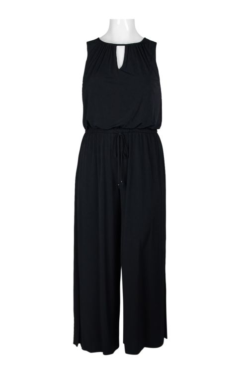 London Times Crew Neck Keyhole Front Sleeveless Blouson Elastic Waist Solid Jersey Jumpsuit