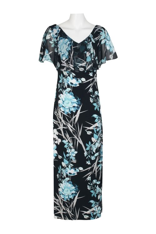 Connected Apparel V-Neck Sleeveless Capelet Floral Print Gathered Side Slit Side Jersey Dress