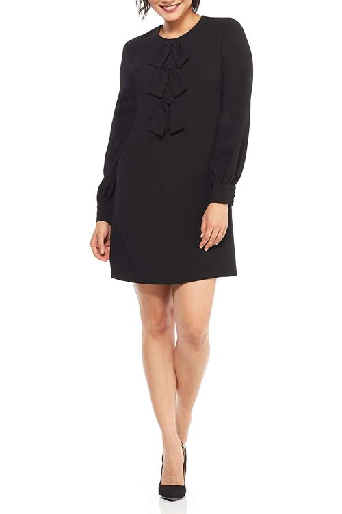 London Times Crew Neck Tie Front Detail Long Sleeve Zipper Back Solid Crepe Dress