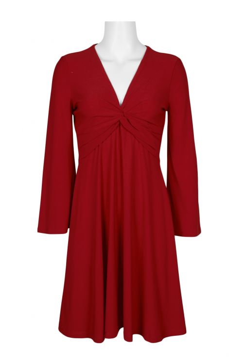 London Times V-Neck Long Sleeve Crossed Front Flutter Solid Jersey Dress