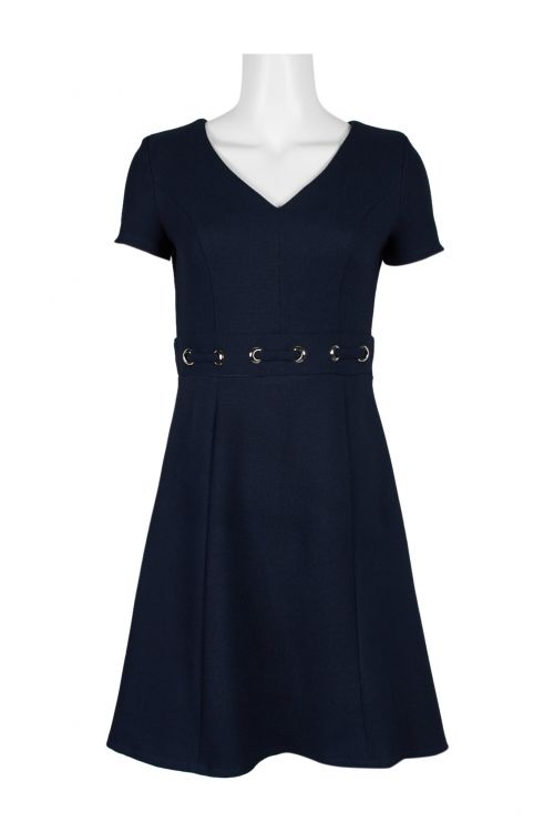 London Times V-Neck Short Sleeve Eyelet Waist A-Line ZIpper Back Solid Twill Dress