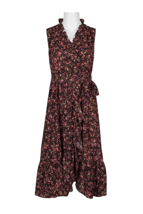 London Times Ruffled Neck Sleeveless Tie Side Zipper Back Floral Print Polyester Dress