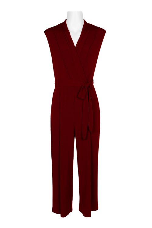 London Times V-Neck Sleeveless Tie Side Zipper Back Solid Jersey Jumpsuit