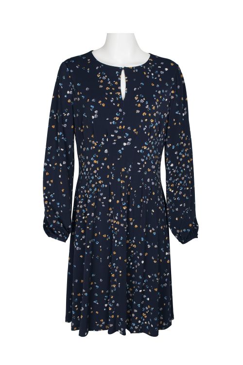 London Times Crew Neck Keyhole Front Long Elastic Cuff Sleeve Pleated Printed ITY Dress