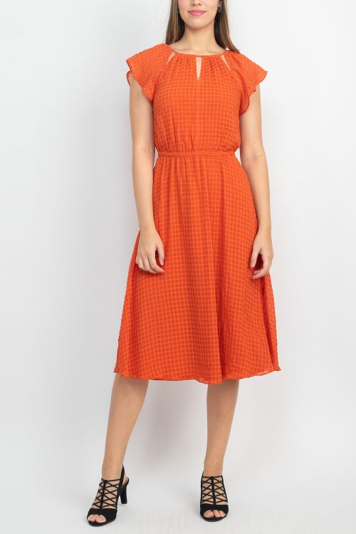 London Times Cutout Shirred Neck Cap Sleeve Elastic Waist Tonal Checkered Fabric Below the Knee Solid Dress