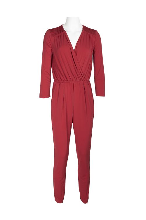 London Times Collared V-Neck Smocked Shoulder 3/4 Sleeve Elastic Waist Ruched ITY Jumpsuit with Pockets