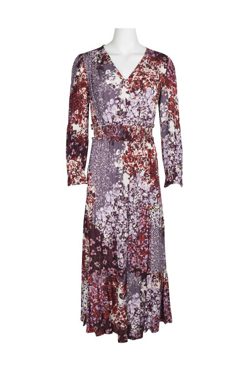 London Times V-Neck Elastic Long Sleeve Elastic Waist Multi Print Tiered Midi Rayon Dress