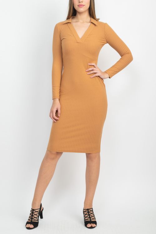 London Times Collared V-Neck Long Sleeve Solid Bodycon Jersey Dress