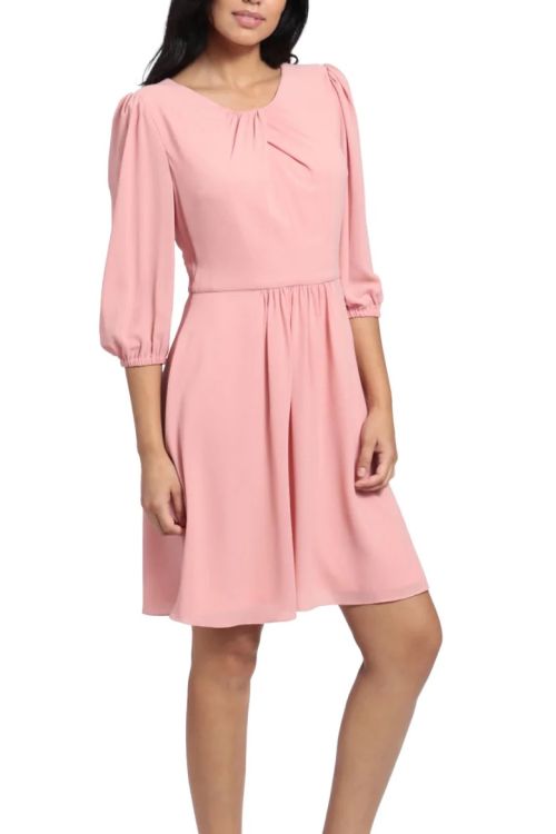 London Times Pleated Scoop Neck Elbow Sleeve Solid Fit & Flare Crepe Dress