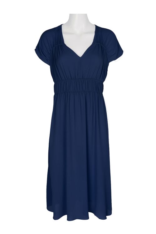 London Times V-Neck Cap Sleeve Ruched Bodice Solid Catalina Crepe Dress