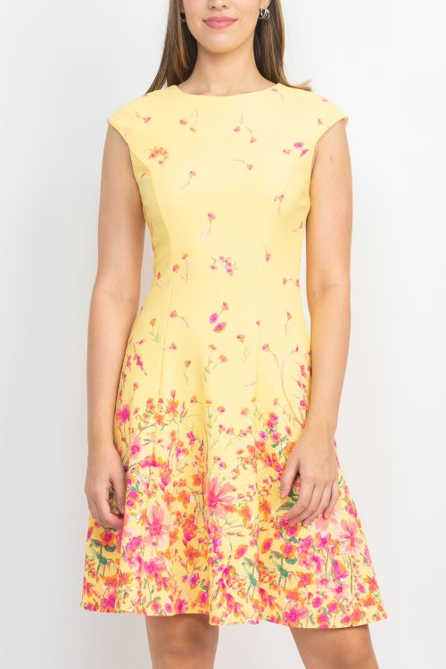 London Times Crew Neck Zipper Back Floral Print Fit & Flare Scuba Dress