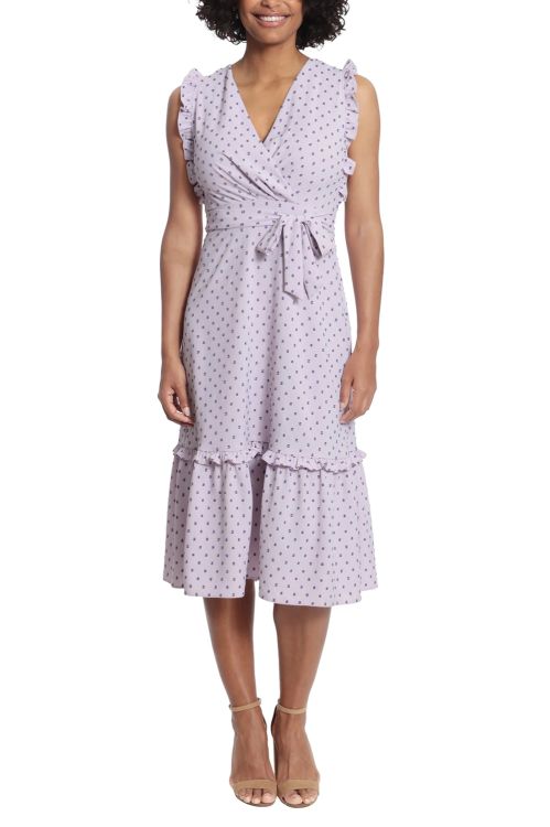 London Times V-Neck Ruffled Shoulder Sleeveless Tiered Skirt Tie Waist Clip Dot Print Dress