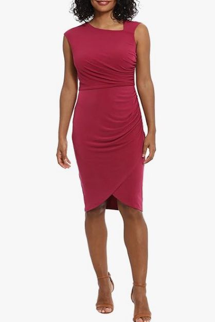 London Times Asymmetrical Neck Cap Sleeve Ruched Side Solid Tulip Hem Jersey Dress