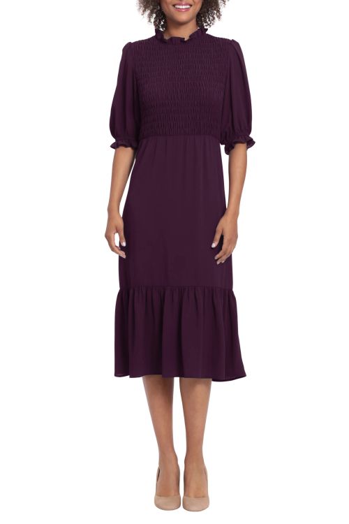 London Times ruffled collar and sleeves smocked bodice solid tiered bubble crepe dress