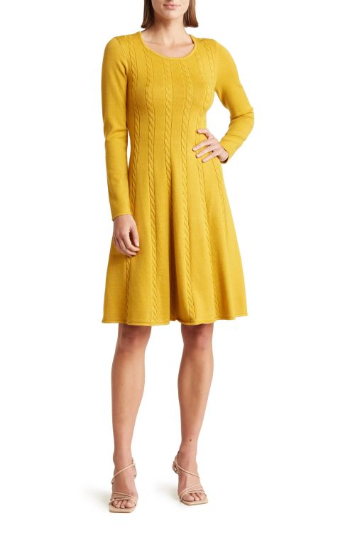 London Times crew neck long sleeve body con fit and flare cable knit dress