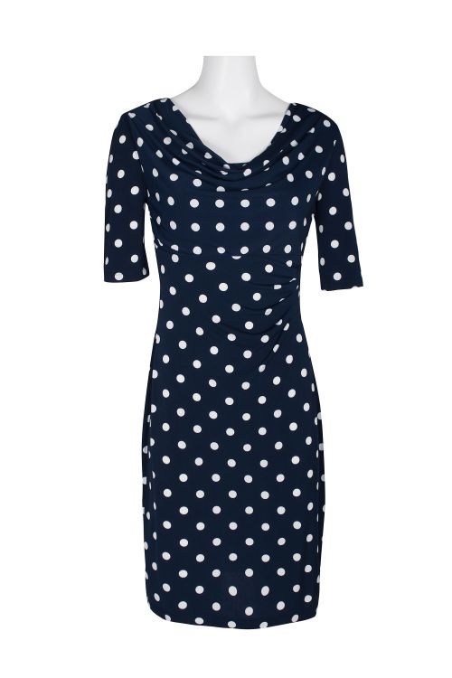 Connected Apparel Cowl Neck Short Sleeve Gathered Side Bodycon Polka Dot Print ITY Dress