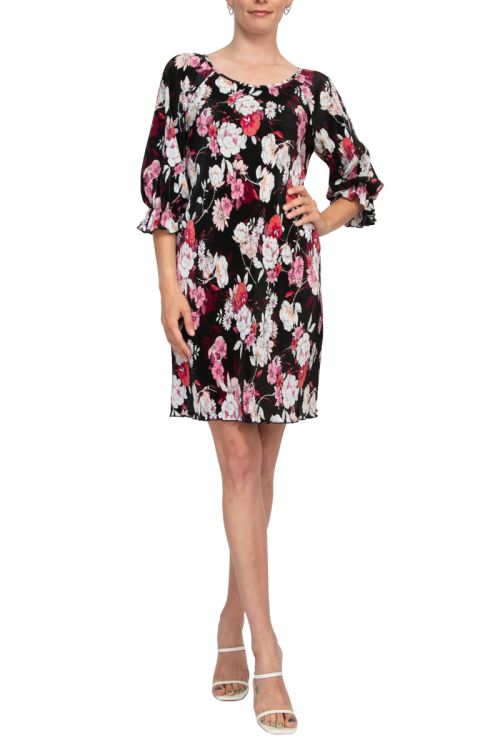 Connected Apparel Scoop Neck 3/4 Elastic Cuff Floral Print Ribbed Chiffon Dress