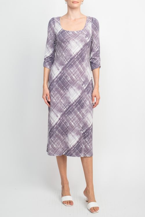 Connected Apparel Square Neck ¾ Sleeve Multi Print A-Line Knit Dress