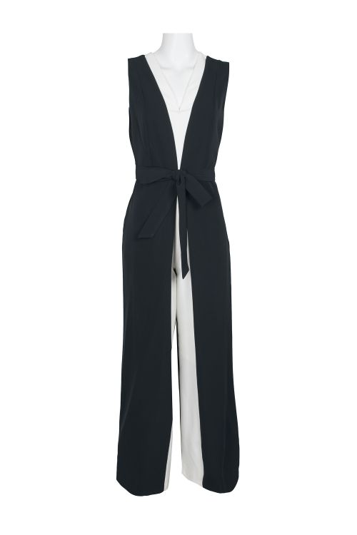 Tahari V-Neck Sleeveless Tie Waist Pockets Zipper Back Color Block Scuba Jumpsuit