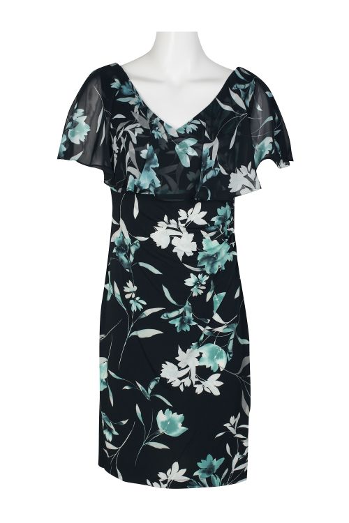 Connected Apparel V-Neck Sleeveless Floral Print Chiffon Overlay Gathered Side Floral Print ITY Dress
