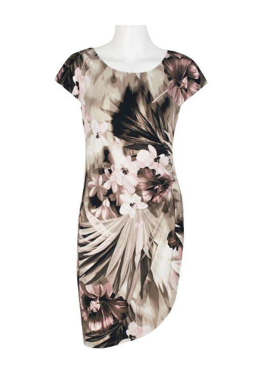 Connected Apparel Scoop Neck Cap Sleeve Tie Side Gathered Side Floral Print Jersey Dress