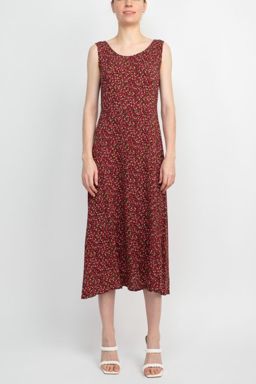 Connected Apparel Scoop Neck Sleeveless Multi Print String Tie Back Fit & Flare Rayon Dress