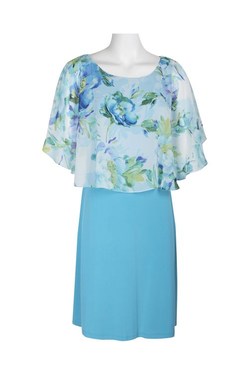 Connected Apparel Boat Neck Floral Chiffon Cape Solid Shift ITY Dress
