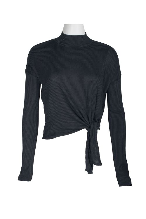 T Tahari  High Neck Long Sleeve Tie Side Solid Knit Top