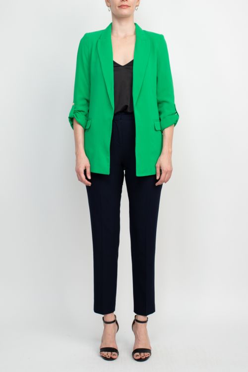 T Tahari Notched Collar 3/4 Roll Shank Button Detail Sleeve with Flap Pocket Solid Crepe Jacket