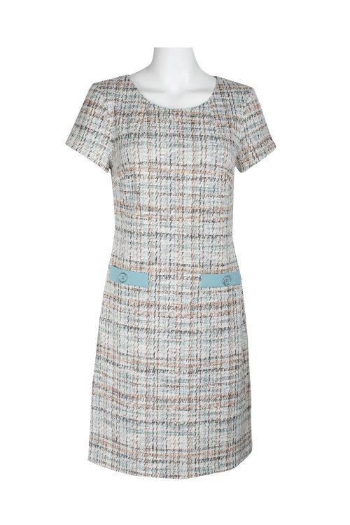 Connected Apparel Scoop Neck Short Sleeve Faux Pockets Shift Knit Dress