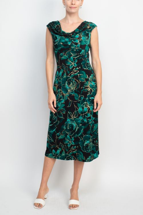 Connected Apparel cowl neck sleeveless gathered side floral print matte jersey dress
