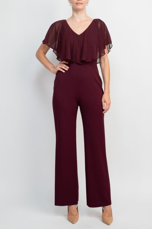 Connected Apparel V-Neck Popover Chiffon Top Zipper Back Solid Crepe Jumpsuit