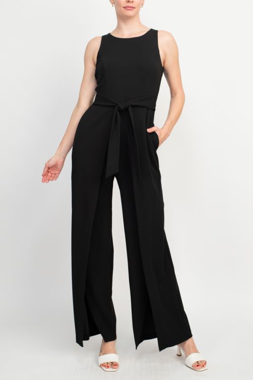 Connected Apparel Scoop Neck Crepe Knit Split Leg with Two Pockets Jumpsuit